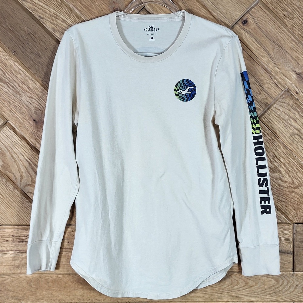 Hollister Long Sleeve Shirt Mens Small Graphic Logo Crew Neck Beige